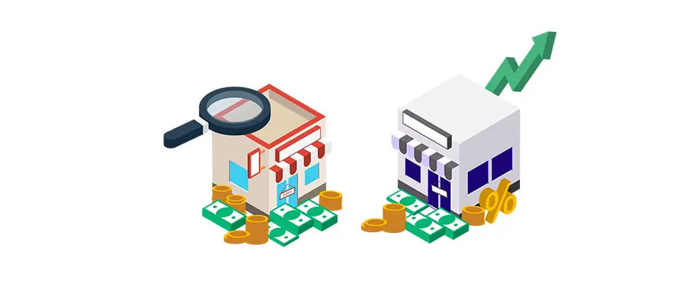 2軒の店舗のイラストに紙幣やコインが散らばり、経済活動を表現