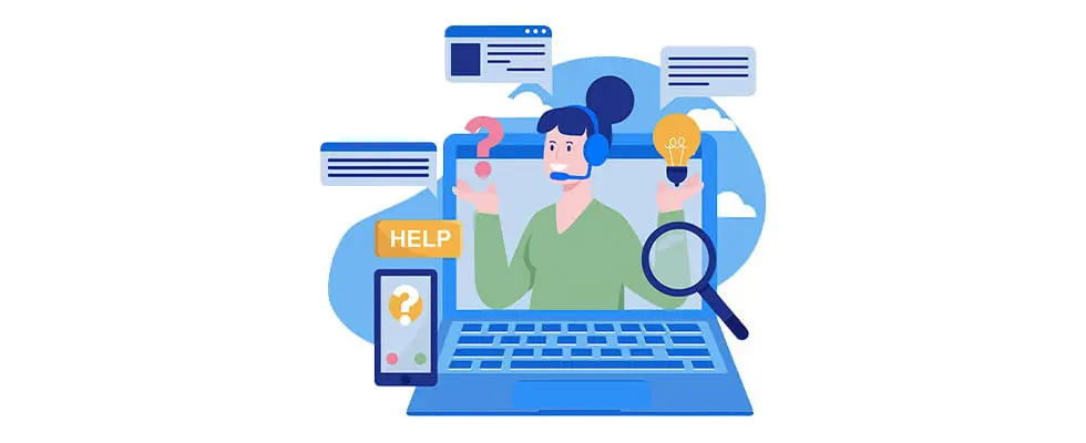 ヘッドセットを付けた人物がノートパソコンの画面内に表示され、サポートを提供している様子