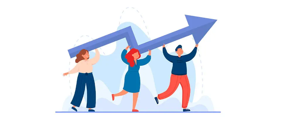 成長や成果の向上をチームワークで達成する様子を表現