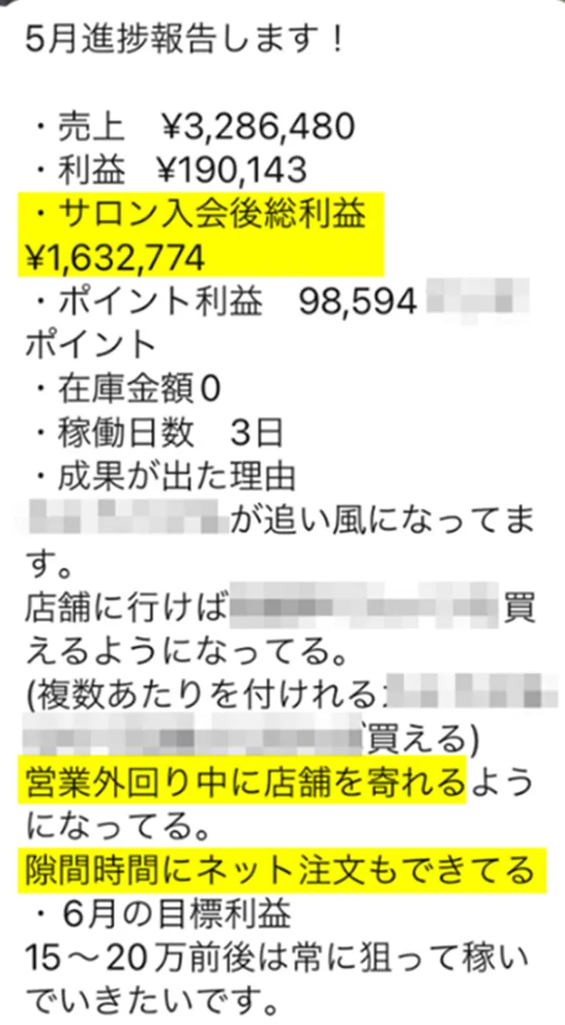 進捗報告や利益額などの内容が記載されたスクリーンショット画像
