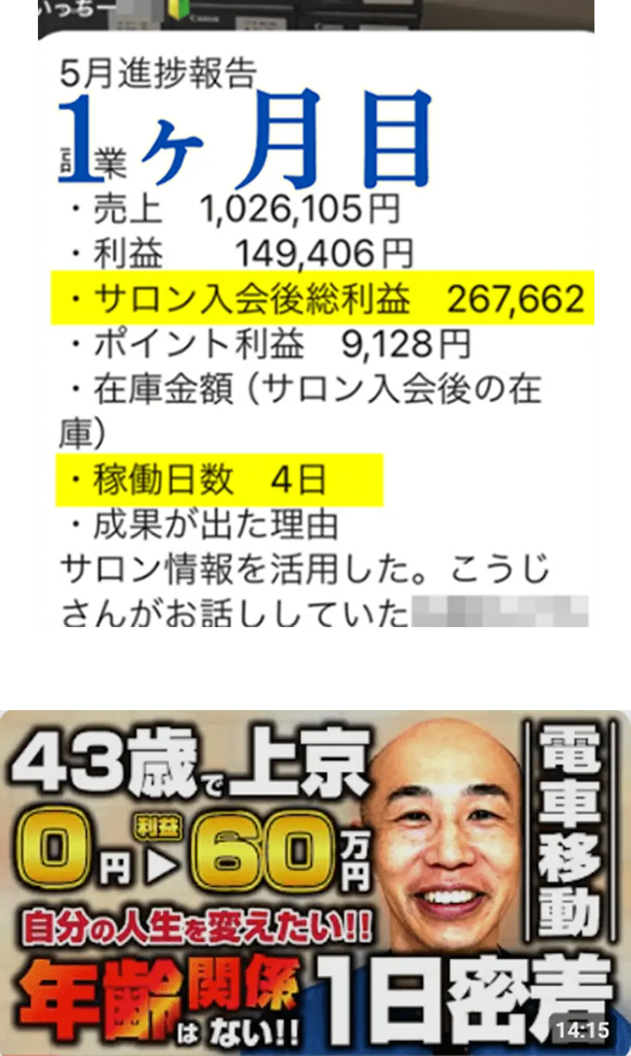 進捗報告や利益額などの内容が記載されたスクリーンショット画像